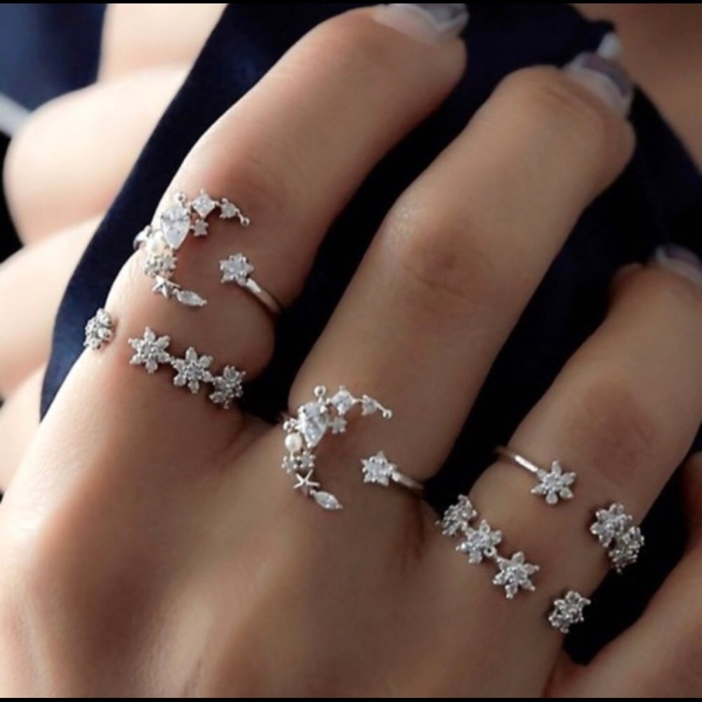Boho Moon & Star Silver Crystal Ring Set